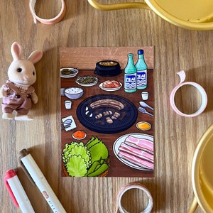 Carte postale illustrée | Barbecue coréen | Art print coréen | Illustration coréenne A6 | Cuisine Coréenne | Restaurant Coréen