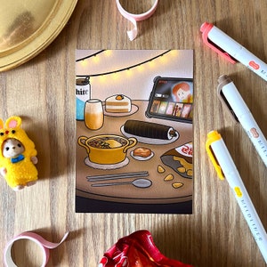 Carte postale illustrée | Repas coréen | Art print coréen | Illustration coréenne A6 | Cuisine Coréenne | Soirée solo en Corée
