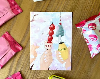 Postcard Seoul Korea | Seoul Tower Spring | Korean Art Print | Banana Milk & Tanghuru | Korean Snacks | Spring Korea