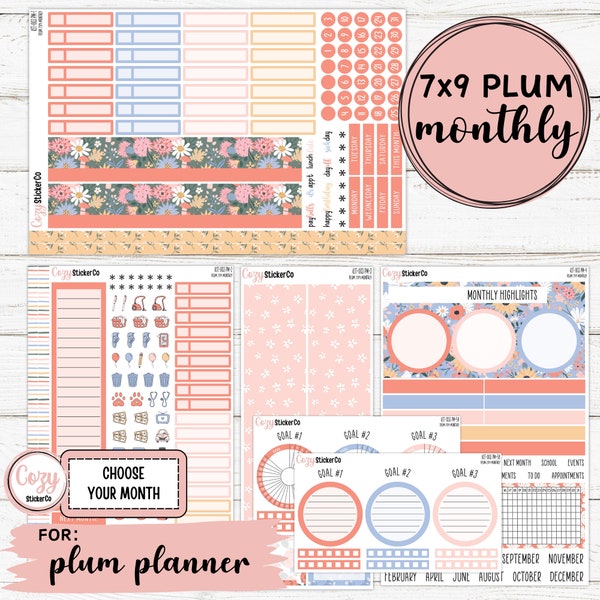 KIT-003 7x9 PLUM Monthly || "Summer Blooms" - Monthly Plum Paper Planner Stickers