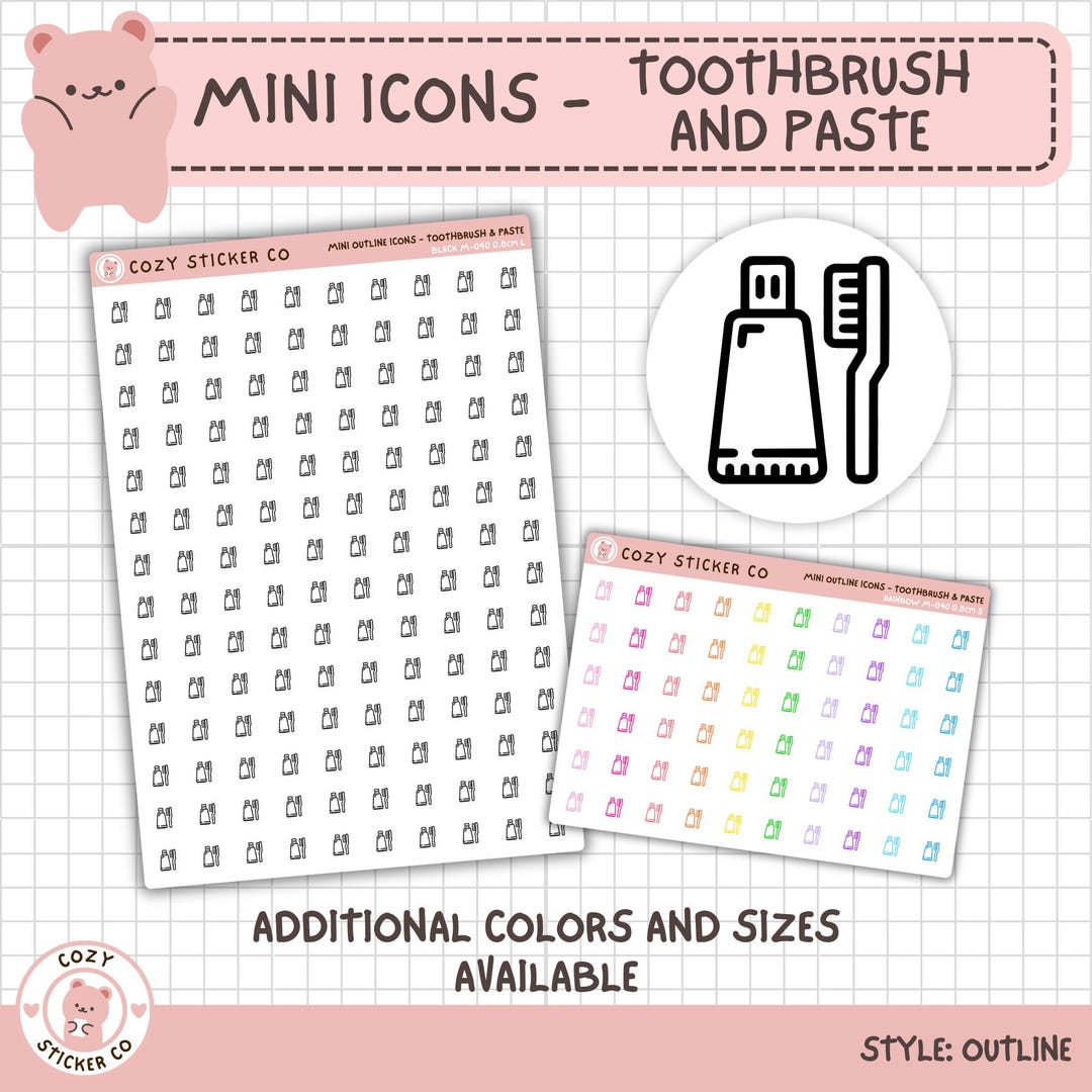 Toothbrush Printable Stickers MINI Outline Icon Stickers - TOOTHBRUSH & PASTE | Color Options | Matte ...