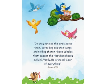 Quran Verse Kids Printable, Bird Illustration, Islamic Education (A4, A3, 20x28 Inches)