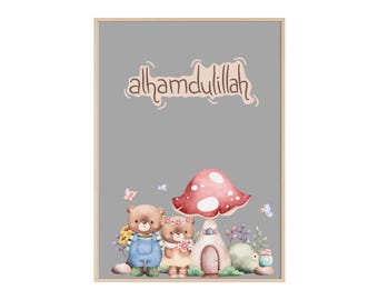 Islamic Nursery Print, Alhamdulillah, Bear Family, Mushroom House (Digital Download)