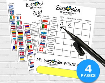 Eurovision 2024 Party Games Eurovision Party Eurovision Scorecard con todas las canciones, ESC Scorecard Eurovision Games, juegos de fiesta imprimibles ESC