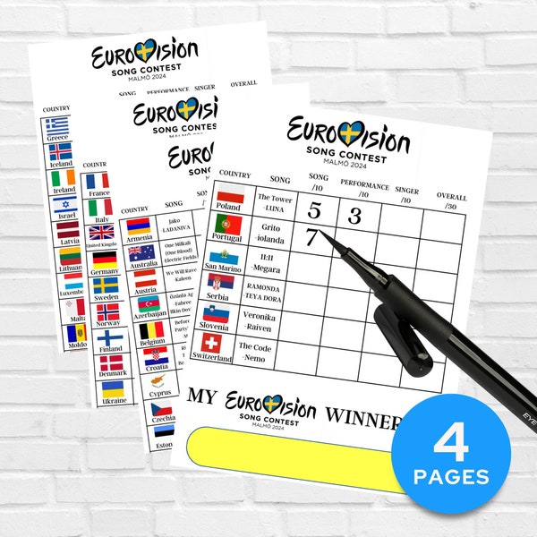 Eurovision 2024 Party Spiele Eurovision Party Eurovision Scorecard with all songs, ESC Scorecard Eurovision Games, printable party games ESC