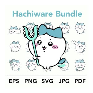 May include: A digital illustration bundle titled "Hachiware Bundle" featuring a collection of cute, cartoon-style characters with blue accents. The characters are white with pink cheeks and various expressions, holding a trident. File formats include EPS, PNG, SVG, JPG, and PDF.