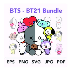 Könnte beinhalten: Buntes Bild mit Cartoon-Charakteren, darunter eine große grau-weiße Figur mit einem Keks, umgeben von kleineren Figuren. Der Text "BTS - BT21 Bundle" steht oben, darunter Dateityp-Abkürzungen.