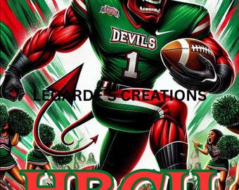 May include: Digital artwork of a red devil in a green and white football uniform, holding a football. The image includes the text "I LOVE MY HBCU Mississippi Valley" and "DEVILS". Cheerleaders are in the background.