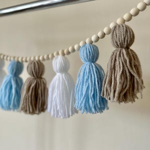 Blue, White and Brown/Grey Wool Tassel Garland, Natural Wooden Beads and Brown Twine, Hanging Garland, Tassel Bunting, Boho