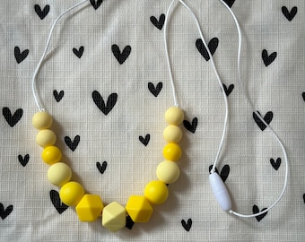 Handmade Nursing Necklace Yellow - White Durable Satin Cord with BPA Free Silicone Beads and Plastic Clasp