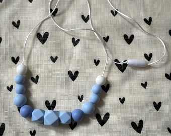 Handmade Nursing Necklace Blue and White - White Durable Satin Cord with BPA Free Silicone Beads and Plastic Clasp