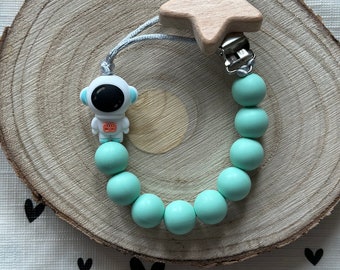 Handmade Dummy Clip Turquoise Astronaut BPA Free Silicone Beads and Wooden Clip