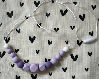 Handmade Nursing Necklace Purple and White - White Durable Satin Cord with BPA Free Silicone Beads and Plastic Clasp
