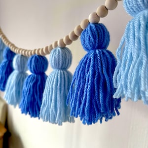 Simply Blue Wool Tassel Garland, Natural Wooden Beads and Brown Twine, Hanging Garland, Tassel Bunting, Boho, Freddie’s Little Treasures