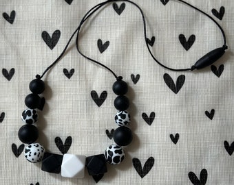Handmade Nursing Necklace Black and White Cow Print - Black Durable Satin Cord with BPA Free Silicone Beads and Plastic Clasp