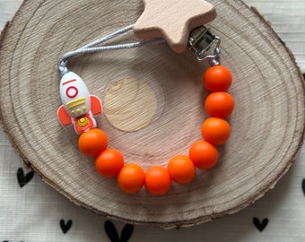 Handmade Dummy Clip Orange Rocket BPA Free Silicone Beads and Wooden Clip