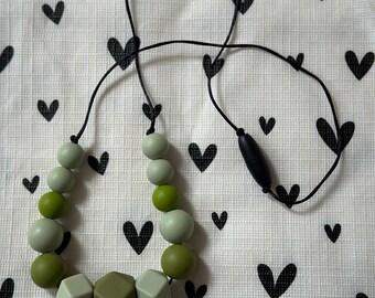 Handmade Nursing Necklace Green - Black Durable Satin Cord with BPA Free Silicone Beads and Plastic Clasp