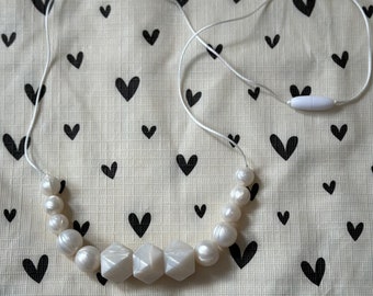 Handmade Nursing Necklace Pearl - White Durable Satin Cord with BPA Free Silicone Beads and Plastic Clasp