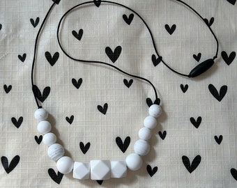 Handmade Nursing Necklace Black and White - Black Durable Satin Cord with BPA Free Silicone Beads and Plastic Clasp