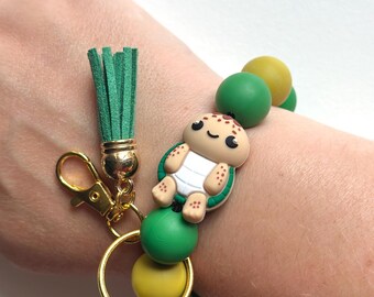 Llavero con pulsera de cuentas de tortuga - Pulsera de silicona verde
