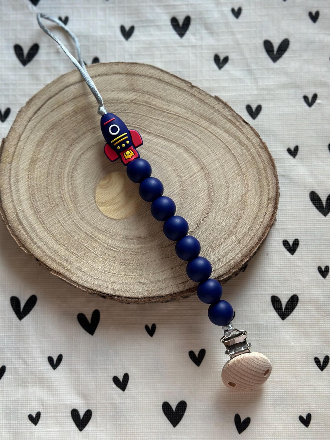 Navy Blue Rocket Beaded Dummy Clip for Baby, Silicone Beads With Wooden ...