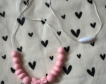 Handmade Nursing Necklace Pink Bow - White Durable Satin Cord with BPA Free Silicone Beads and Plastic Clasp