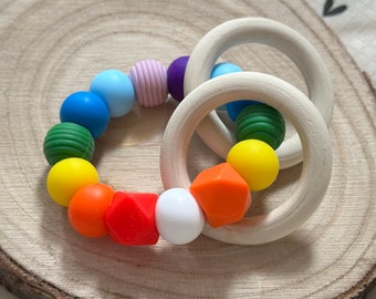 Handmade Sensory Rattle Ring Rainbow - with Natural Wood and BPA-Free Beads