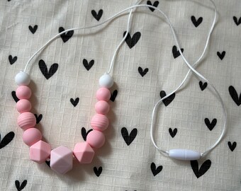 Handmade Nursing Necklace Pink and White - White Durable Satin Cord with BPA Free Silicone Beads and Plastic Clasp