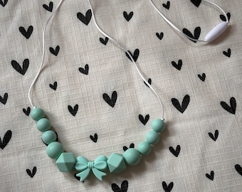 Handmade Nursing Necklace Turquoise Bow - White Durable Satin Cord with BPA Free Silicone Beads and Plastic Clasp