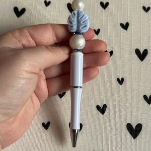 Beaded Pen Blue Leaf with Pearl Silicone Beads Writing Ballpoint Pen | Unique Pen, Perfect Gift, Unique Gift