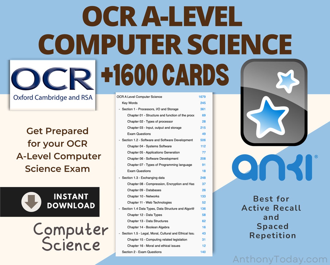 Computer Science A Level OCR A Exam Anki Cards for Student Flashcards Computer Practice