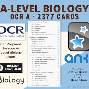 Biology A Level OCR A Exam Anki Cards For Student Flashcards Biology Practice Questions 2024 Revision Notes Study Resources OCR Anki Deck