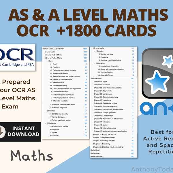 Bundle Maths AS and A Level OCR A Exam Anki Cards For Student Flashcards Maths Practice Questions 2024 Revision Notes Study Resources OCR