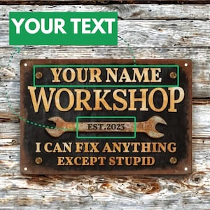 Custom Garage or Workshop Sign – Personalized Metal Wall Decor, Funny Mechanic & Man Cave Gift, Vintage Rust‑Look Plaque