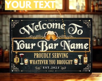 Letrero de bar vintage personalizado: decoración rústica para bar, placa de metal personalizada para pared.