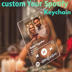 May include: Transparent acrylic Spotify keychain with a photo of a couple. The keychain displays the song title "Better Together" by Tuice Combs, with a play/pause button and a Spotify logo. The text "custom Your Spotify Keychain" is at the top.