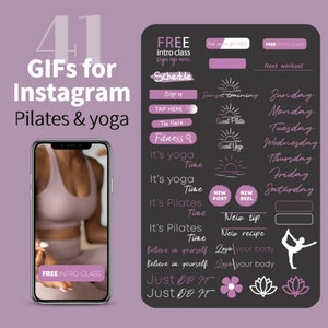 May include: A black chalkboard with white text and graphics. The text includes "FREE intro class sign up now", "Schedule", "Fitness", "It's yoga", "It's Pilates", "Believe in yourself", "Just Do It", "Sunset training", "Sunset Pilates", "Sunset Yoga", "New post", "New reel", "New tip", "New recipe", "Love your body", "Sunday", "Monday", "Tuesday", "Wednesday", "Thursday", "Friday", "Saturday". There are also graphics of a sunrise, a lotus flower, and a person doing yoga.