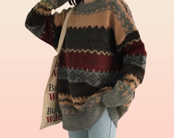 Vintage gestreifter Pullover, Strickpullover, Y2K Kleidung, koreanische Mode, Strick, Harajuku, Y2K Top, Patchwork Pullover, Opa Pullover