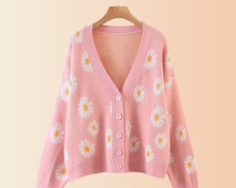 Knitted Daisy Cardigan, Loose Knit Coat,Fall Sweater, Long Sleeve And V-Neck Sweater, Floral Sweater, Knitwear