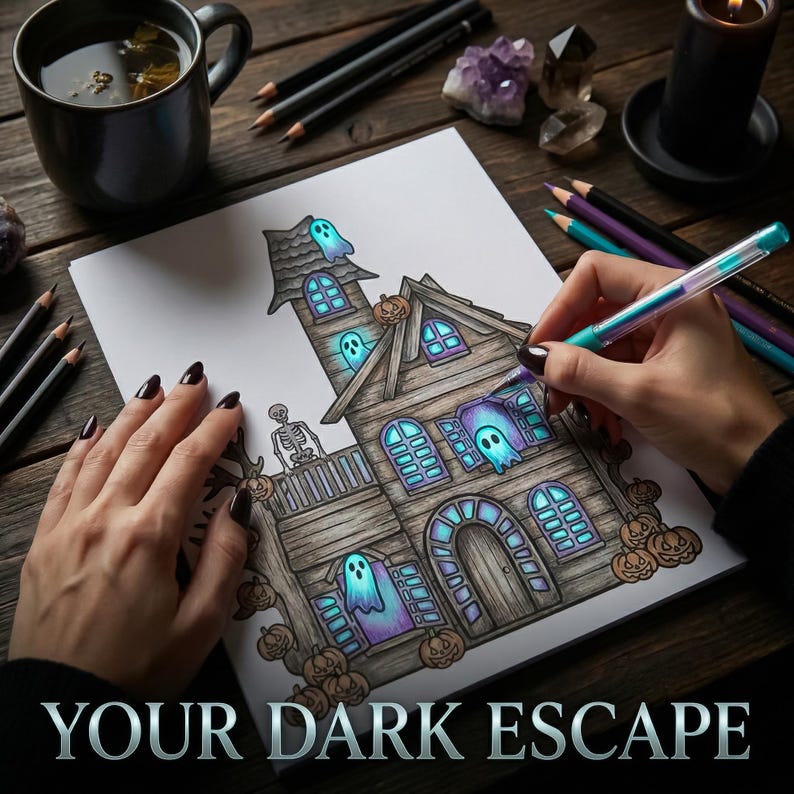 May include: A detailed illustration of a haunted house with glowing ghosts and pumpkins is being colored with colored pencils. The image includes the text "YOUR DARK ESCAPE" at the bottom. A cup of tea and crystals are also visible.