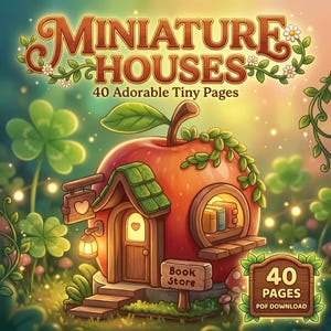 Puede incluir: Ilustración caprichosa de una casa en miniatura con forma de manzana roja. La casa tiene una puerta de madera, un tejado verde y una ventana con libros. El texto "MINIATURE HOUSES" y "40 Adorable Tiny Pages" se muestran. Un letrero dice "Book Store".