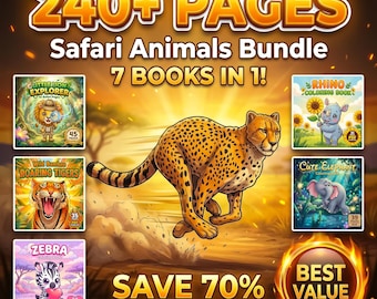 Paquete de libros para colorear de animales de safari: más de 240 páginas, león, tigre, elefante, jirafa (descarga digital)