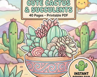 Cactus Coloring Pages Printable, 40 Kawaii Boho Desert Designs, PDF Instant Download, Adults Kids