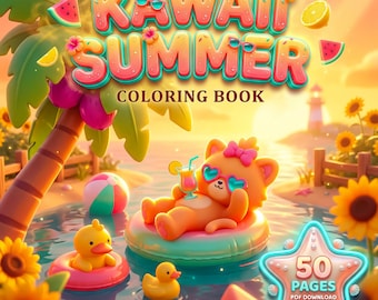 Kawaii Summer Coloring Book Printable, 50 Beach Animal Vacation Pages, PDF Instant Download, Kids