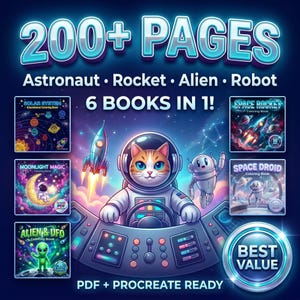 May include: A digital collection of 200+ pages featuring six space-themed coloring books with titles including Solar System, Moonlight Magic, Alien & UFO, Space Rocket, and Space Droid. A cat astronaut sits at a control panel. PDF and Procreate ready.