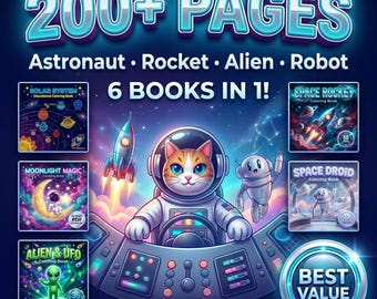 Space Coloring Book Bundle, 200+ Pages Astronaut, Rocket, Alien, Robot (PDF + PNG Download)