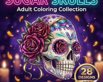 Sugar Skull Coloring Book Printable, 28 Day of the Dead Calavera Art Pages, PDF Instant Download, Adults