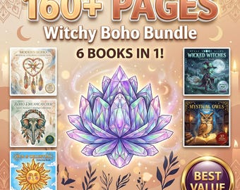 Paquete de libros para colorear de estilo bohemio y místico: cristales, atrapasueños, sol y páginas místicas (descarga digital).
