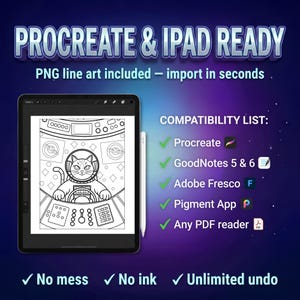 May include: A digital tablet displaying a black and white line art coloring page of a cat in a space suit inside a cockpit. Text reads PROCREATE & IPAD READY, PNG line art included, and a compatibility list for Procreate, GoodNotes, Adobe Fresco, and PDF.