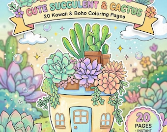 Kawaii Succulent Cactus Coloring Pages, Boho Plant Art (Digital Download)